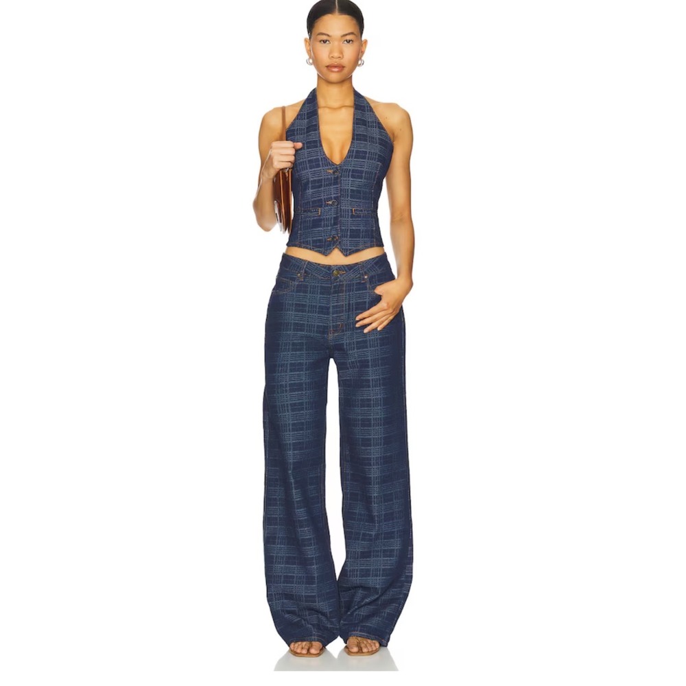 Lioness Top Model Jeans Indigo Plaid Wide Leg High Waisted Denim Pants Small - Picture 3 of 8